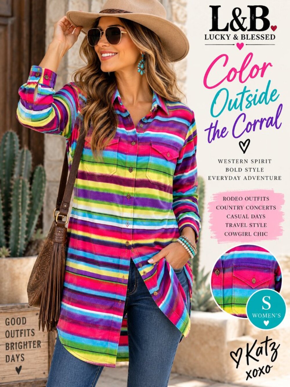 Lucky & Blessed Rainbow Serape Western Tunic Shirt L&B Cowgirl Button Down Small